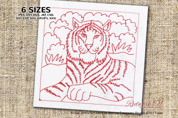 Reviewing Striped Tiger Sitting on Grass Redwork